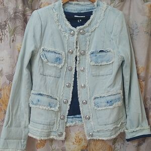 NWT, Stellah Light Blue Frayed Denim Jacket